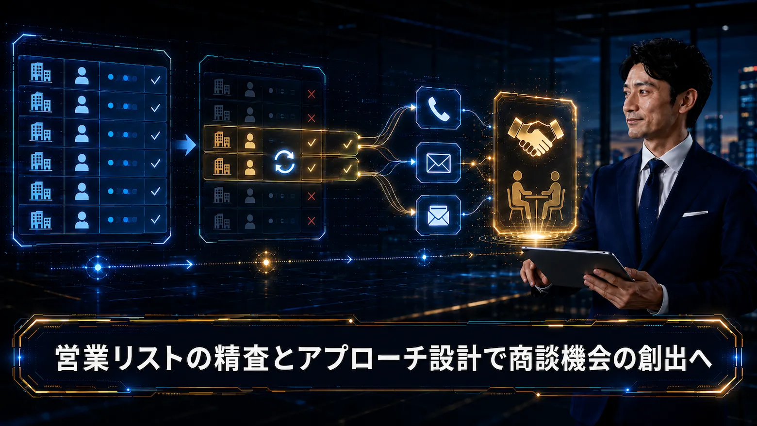 営業リストの精査から電話・メール・手紙によるアプローチ設計を経て商談機会を創出するイメージ