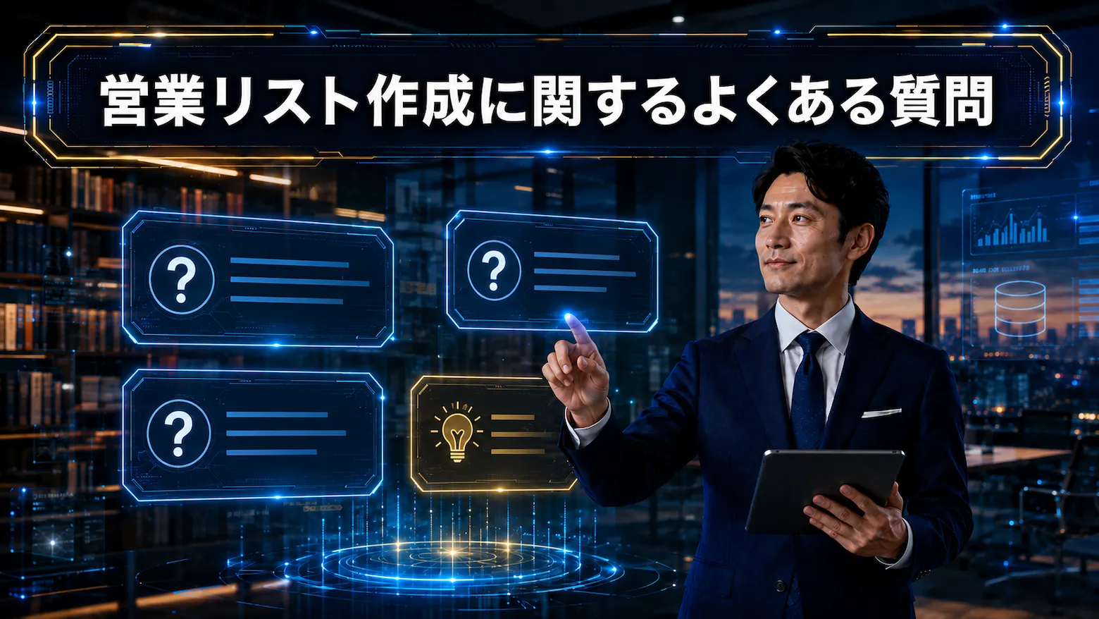 営業リスト作成に関するよくある質問を、Q&Aカードとビジネスパーソンで表現したイメージ