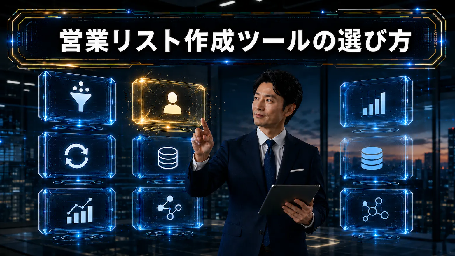 営業リスト作成ツールの選び方を、フィルターやデータ分析のアイコンで表現したビジネスイメージ