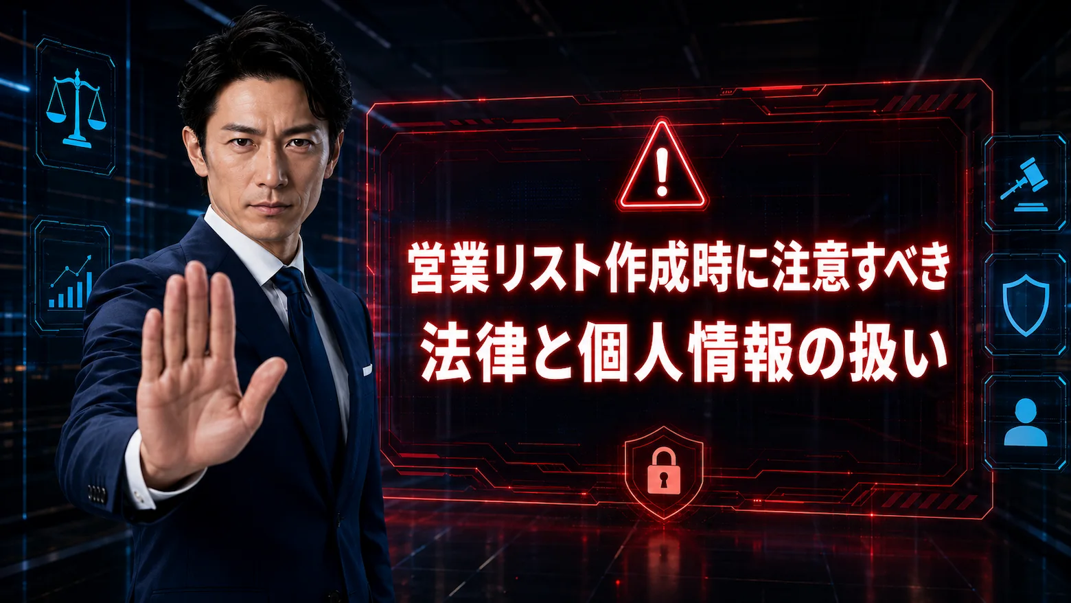 営業リスト作成時に注意すべき法律と個人情報の扱いを、警告マークやセキュリティアイコンで表現したイメージ
