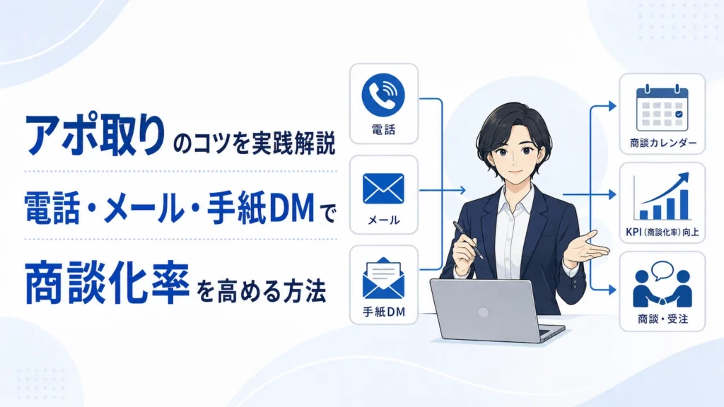アポ取りのコツを電話・メール・手紙DMの使い分けで解説し、商談化率向上を示す図解