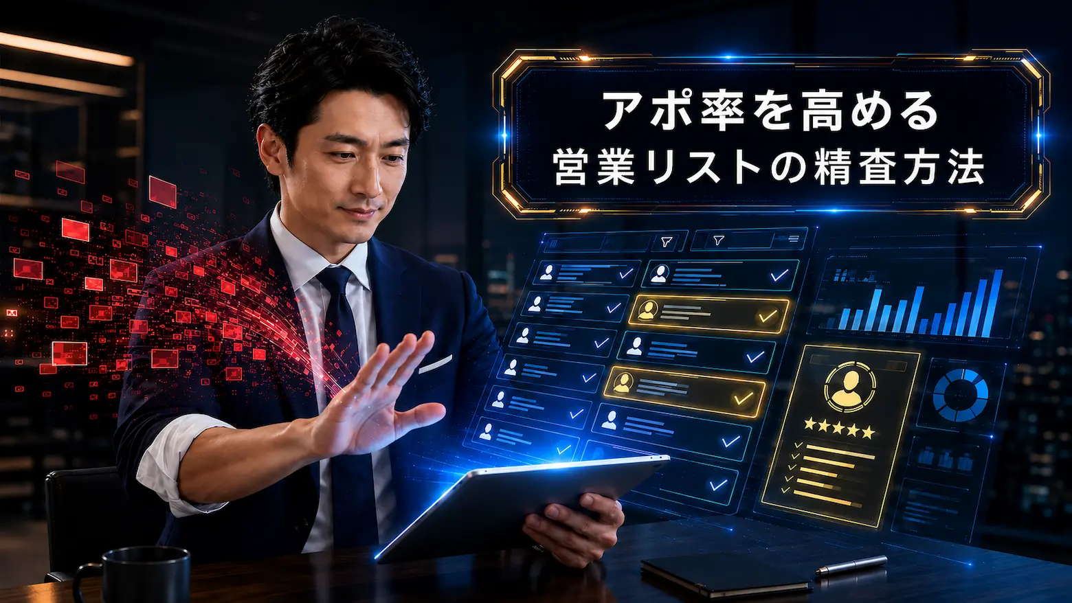重複データを除外し、見込み度の高い企業を選別する営業リストの精査方法を表したイメージ