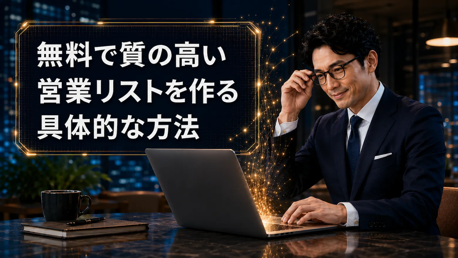 ノートパソコンで情報収集しながら、無料で質の高い営業リストを作成する方法を表したイメージ