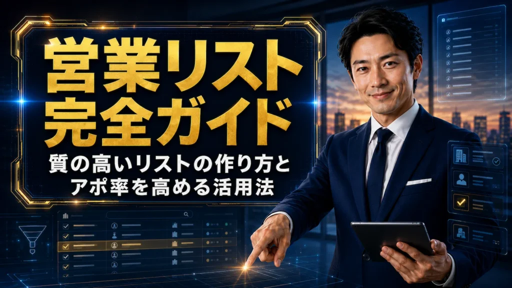 営業リスト完全ガイドのアイキャッチとして、営業リスト管理画面とビジネスパーソンを表現した画像