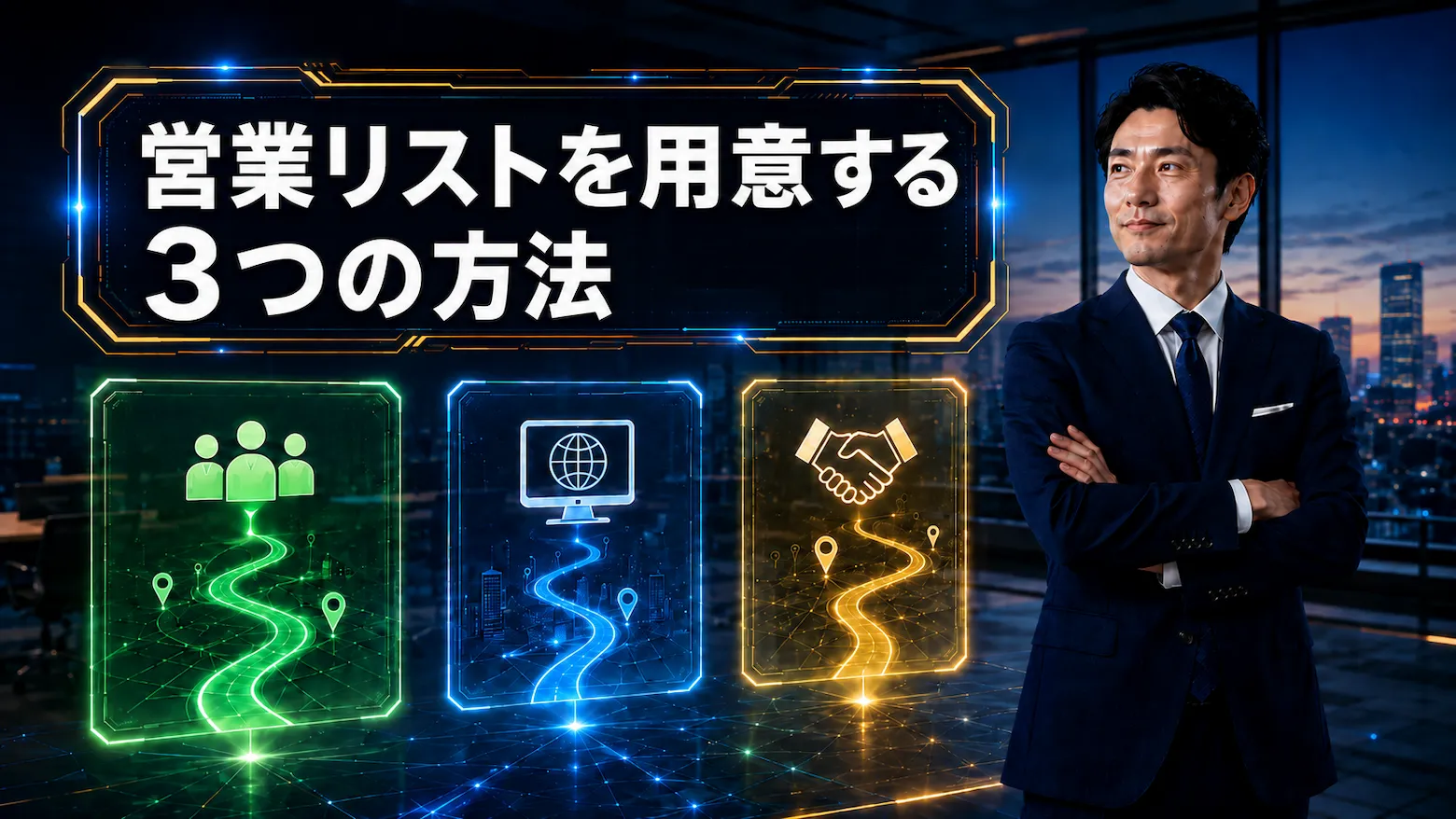 営業リストを用意する3つの方法を、見込み客・Web情報・商談ルートのアイコンで表現したイメージ
