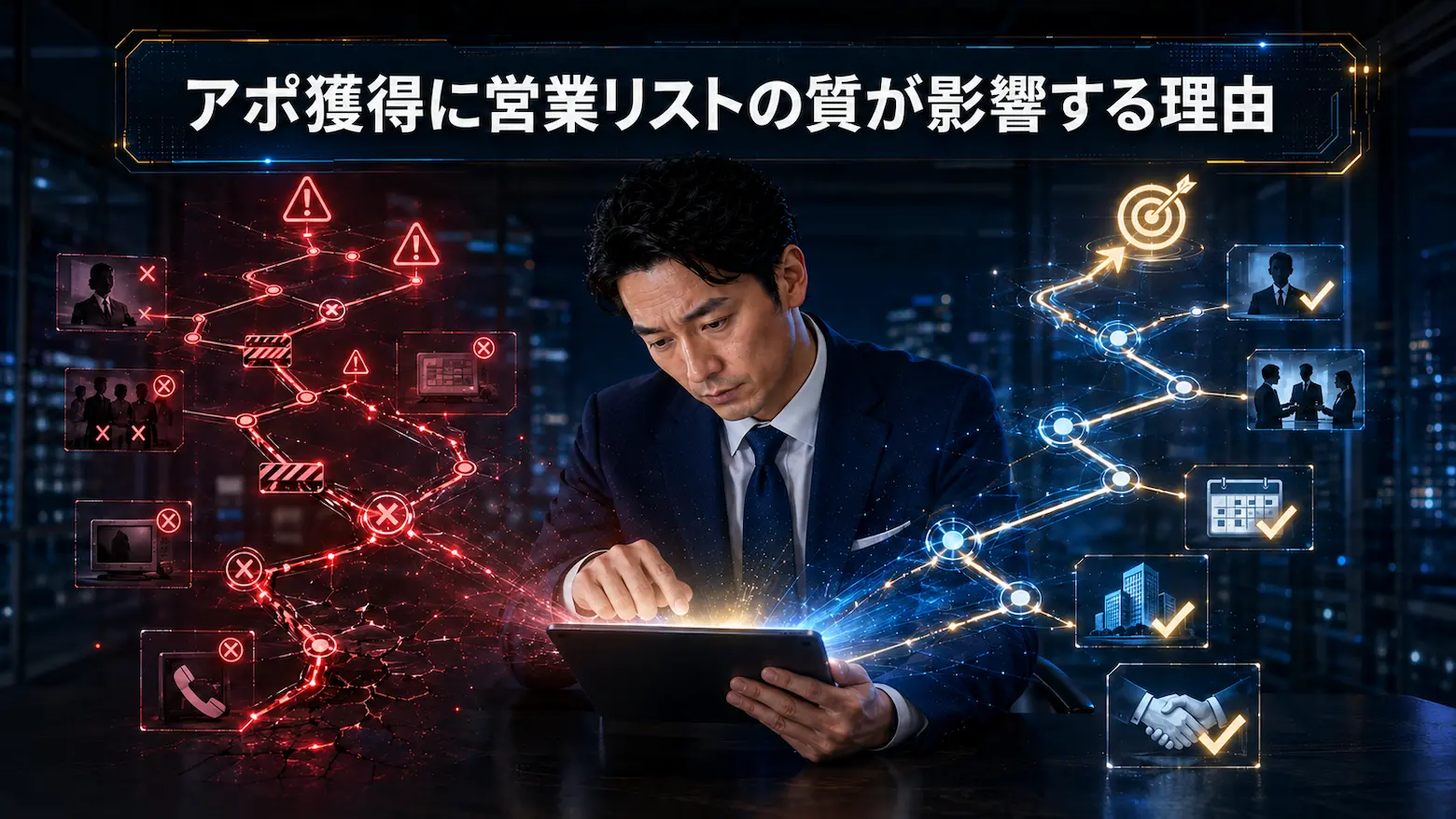 営業リストの質がアポ獲得に影響する理由を、失敗例と成功ルートの対比で表現したイメージ