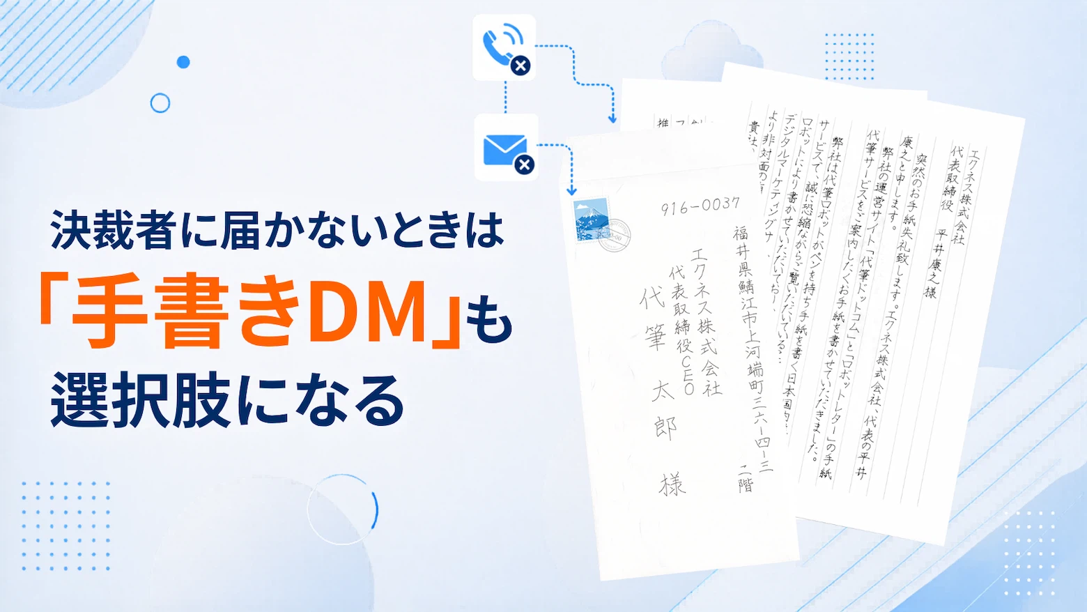 決裁者に届かないときの選択肢として、手書きDMや封筒を使った接点づくりを示す画像