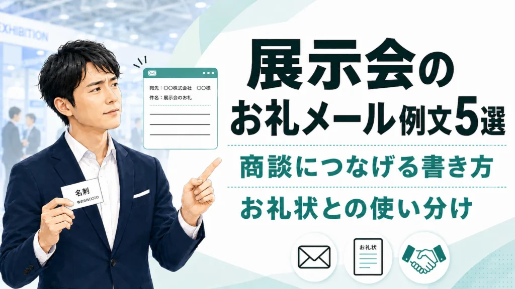 展示会のお礼メール例文5選｜商談につなげる書き方、お礼状との使い分けを示したアイキャッチ画像