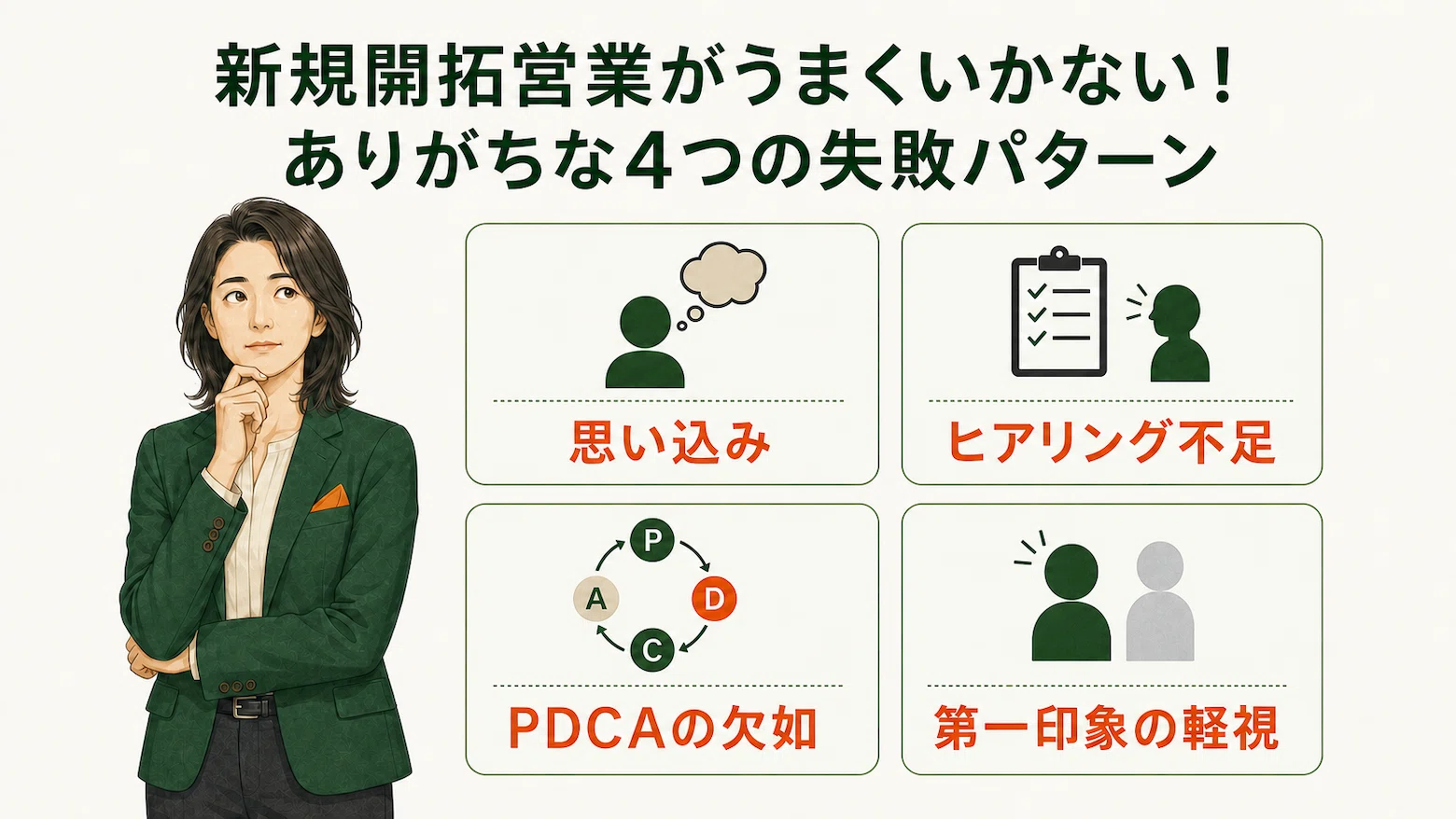 新規開拓営業で起こりやすい4つの失敗パターンを示す図解